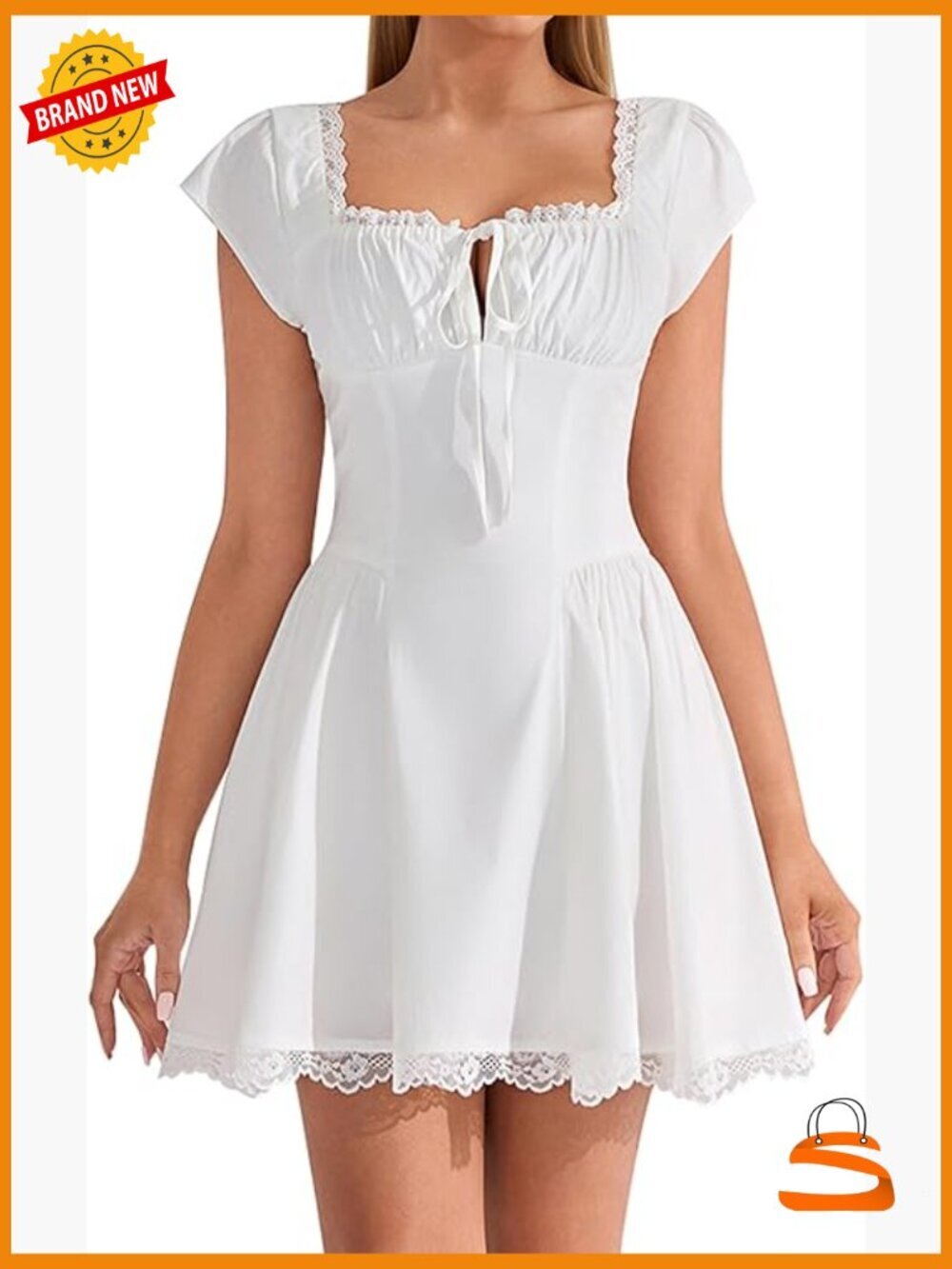 Lace Mini Dress Cap Sleeve Tie Front Square Neck A Line Cute Short Graduation